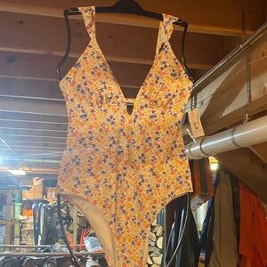 Floral Women's One Piece Swimsuit - Yellow and Purple